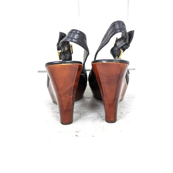 Nine West black leather open toe buckle high heel wedge platform slingbacks - Picture 6 of 8